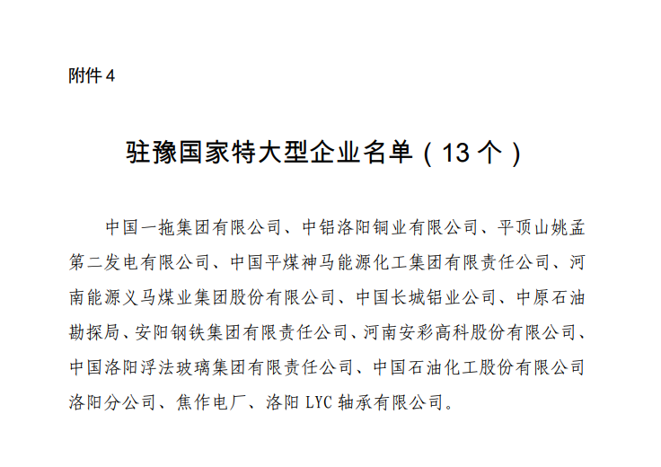 驻豫国家特大型企业名单（13个）